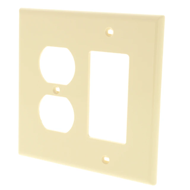 Alt view image 2 of 3 - Leviton 2-Gang Combination Duplex Receptacle Outlet & Decora/GFCI/Rocker Switch Wall Plate, Unbreakable Thermoplastic, Midway Size, PJ826-I, Ivory