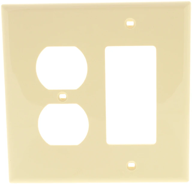 Main image of Leviton 2-Gang Combination Duplex Receptacle Outlet & Decora/GFCI/Rocker Switch Wall Plate, Unbreakable Thermoplastic, Midway Size, PJ826-I, Ivory