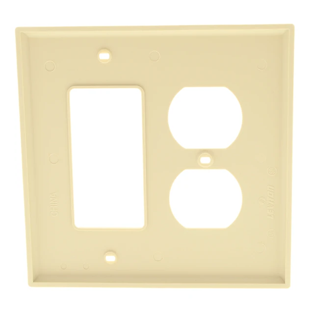 Alt view image 3 of 3 - Leviton 2-Gang Combination Duplex Receptacle Outlet & Decora/GFCI/Rocker Switch Wall Plate, Unbreakable Thermoplastic, Midway Size, PJ826-I, Ivory
