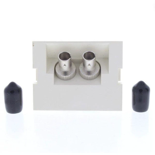 Main image of Leviton 41294-ZTW Duplex ST Fiber Optic Insert Adapter, Zirconia Ceramic Sleeve, 45° Exit, 1.5 Units High, fits Leviton Multimedia Outlet System Wall Plates, White