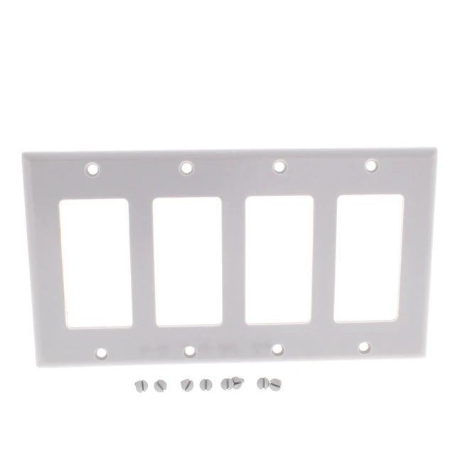 Main image of Leviton 4-Gang Decora GFCI Rocker Switch Wall Plate, Standard Size Cover, Thermoset Plastic, Device Mount, 80412-GY, Gray
