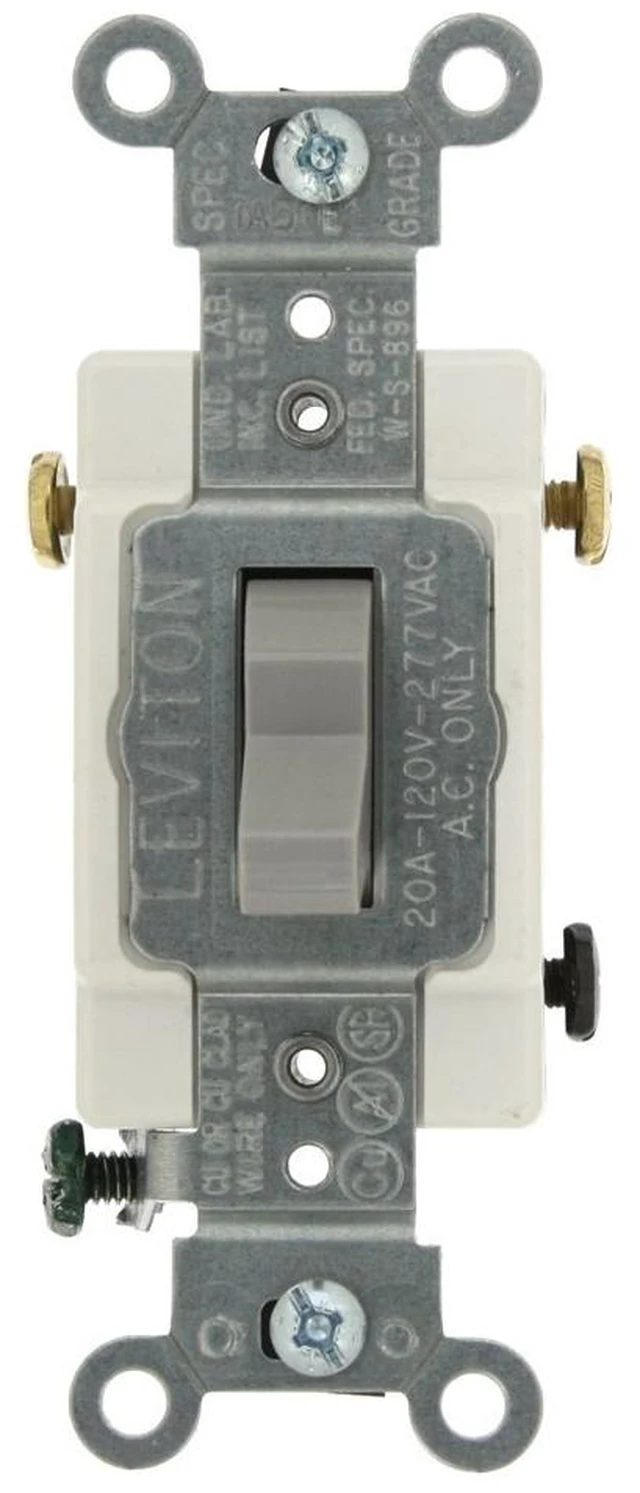 Main image of Leviton 3-Way Toggle Light Switch, 20A 120/277V, Side Wired, Grounding, Commercial Specification Grade, CS320-2GY, Gray