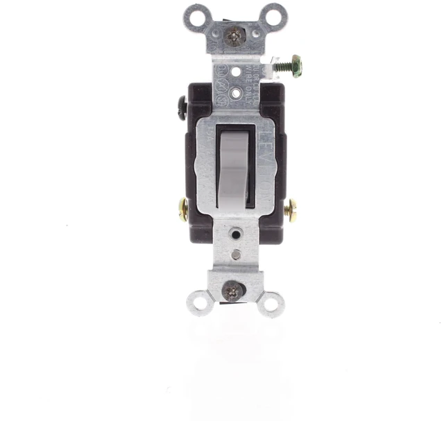 Main image of Leviton CS315-2GY 3-Way Toggle Light Switch, 15A 120/277V, Side Wired, Grounding, Commercial Specification Grade, Gray