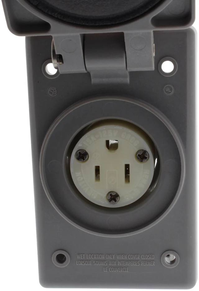 Alt view image 2 of 3 - Leviton 5279-FWP Gray NEMA 5-15 15A 125V Industrial Flanged Outlet Receptacle With Weather Resistant Cover