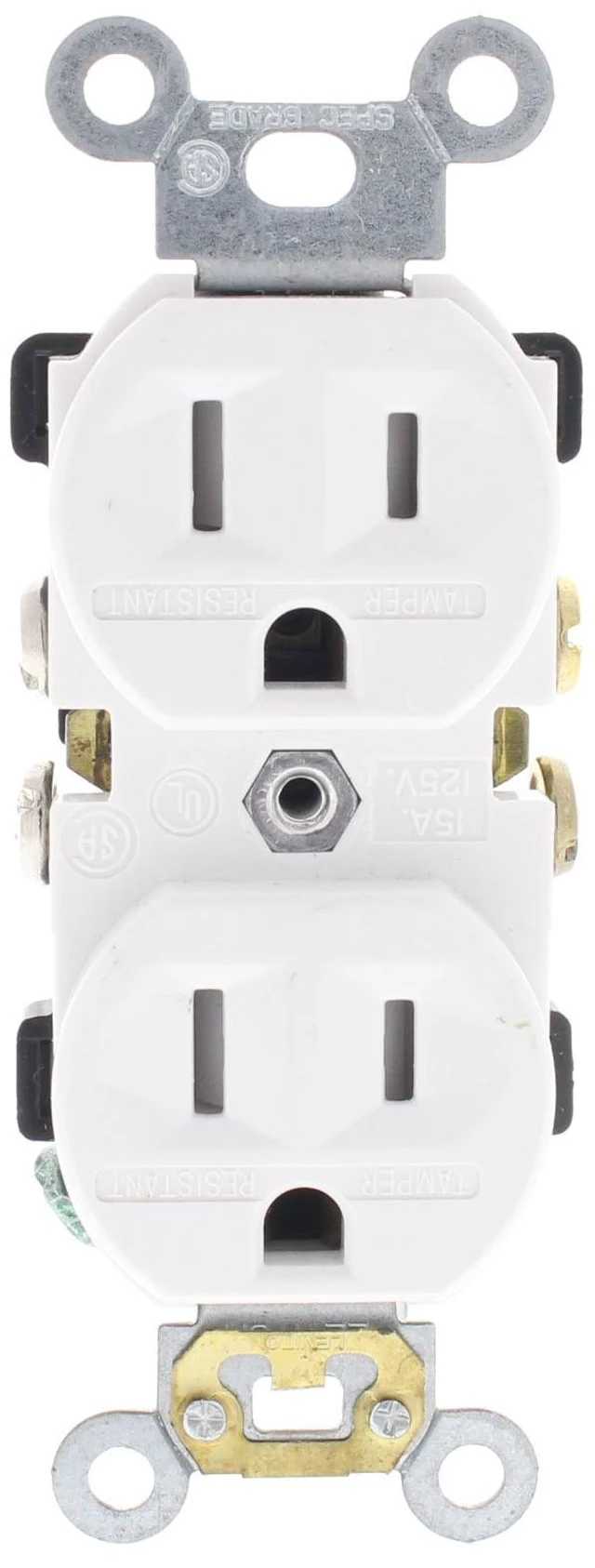 Alt view image 2 of 4 - Leviton 5321-W Duplex Receptacle, Tamper Resistant Outlet, Push-in & Side Wired, Grounding, 15A 125V, Residential Grade, White