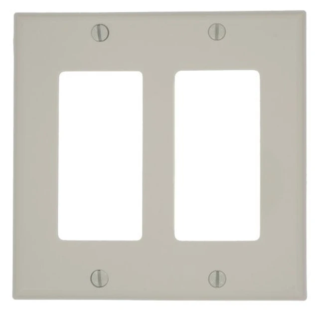 Main image of Leviton 2-Gang Decora GFCI Rocker Switch Wall Plate, Standard Size Cover, Unbreakable Nylon, Device Mount, 80409-NT, Light Almond