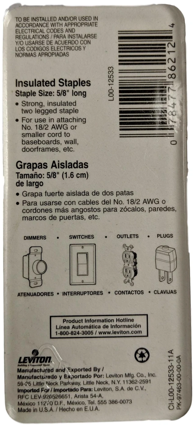Alt view image 3 of 3 - Leviton 12533 5/8" Long Insulated Fastening Staples for Low Voltage Wiring, White (Pack of 40)