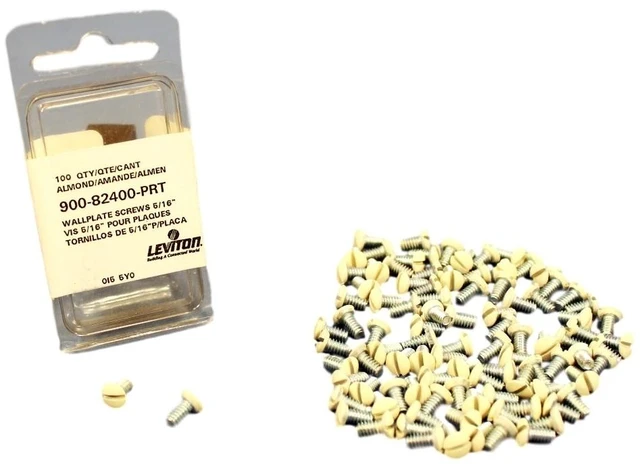 Main image of Leviton 82400-PRT 5/16-Inch Long 6-32 Thread, Oval Head Milled Slot Replacement Wallplate Screws, 100 Pack of Screws, Almond