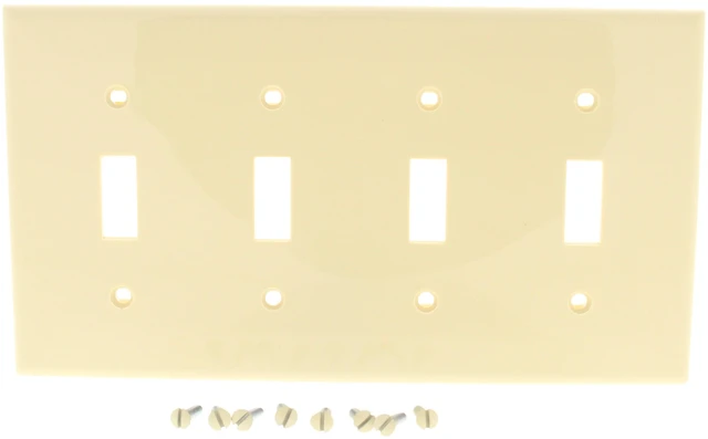 Main image of Leviton 80712-I 4-Gang Toggle Switch Wall Plate, Standard Size, Thermoplastic Nylon, Ivory