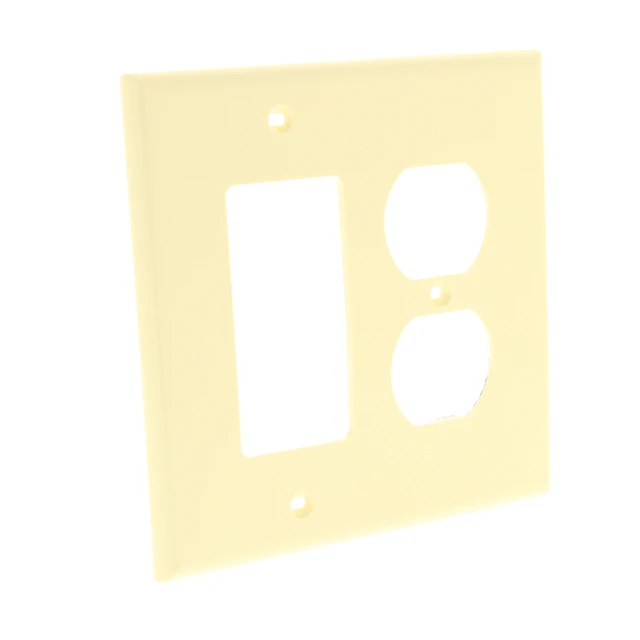 Alt view image 2 of 3 - Leviton 2-Gang Combination Duplex Receptacle Outlet & Decora/GFCI/Rocker Switch Wall Plate, Unbreakable Thermoplastic, Midway Size, PJ826-A, Almond
