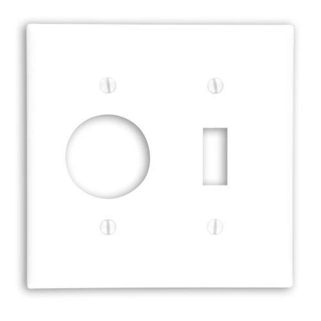 Alt view image 2 of 2 - Leviton 88007 2-Gang Combination Toggle Switch Single Receptacle Wall Plate, 1.406" Diameter Outlet Opening, Standard Size Cover, Thermoset Plastic, White