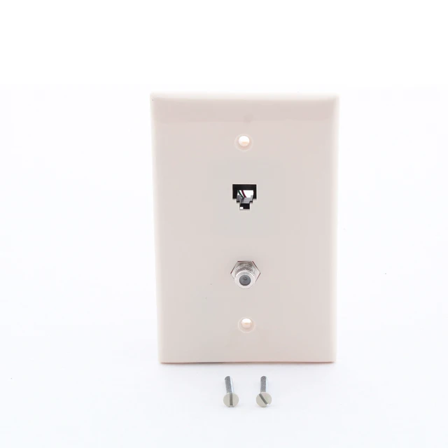Main image of Leviton 1-Gang Combination Telephone/Video Wall Plate, 6-Position 4-Conductor, F-Type Video Jack, Midway Size, 40539-CMT, Light Almond