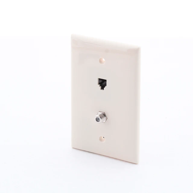 Alt view image 2 of 3 - Leviton 1-Gang Combination Telephone/Video Wall Plate, 6-Position 4-Conductor, F-Type Video Jack, Midway Size, 40539-CMT, Light Almond