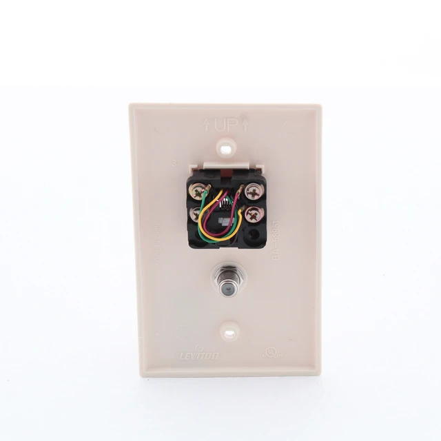 Alt view image 3 of 3 - Leviton 1-Gang Combination Telephone/Video Wall Plate, 6-Position 4-Conductor, F-Type Video Jack, Midway Size, 40539-CMT, Light Almond