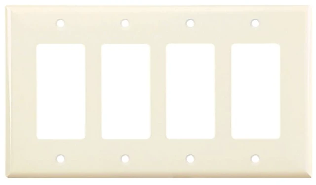 Main image of Cooper Wiring Devices PJ264LA 4-Gang Decorator GFCI Rocker Switch Wall Plate, Unbreakable Polycarbonate, Mid-Size, Light Almond
