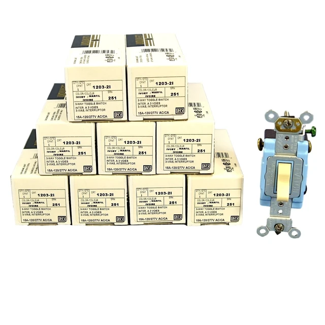Alt view image 2 of 2 - Leviton 1203-2I Ivory Industrial Grade Three Way Toggle Light Switch 15A (Pack of 10)
