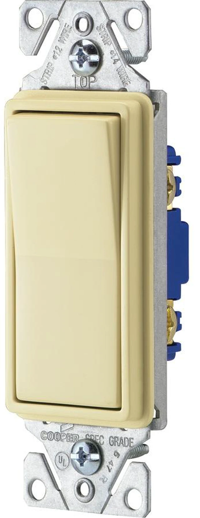 Main image of Cooper Wiring Devices 7501A Single Pole Decorator Rocker Light Switch, 15A 120/277V, Back & Side Wired, Grounging, Residential Grade, Almond (Pack of 10)