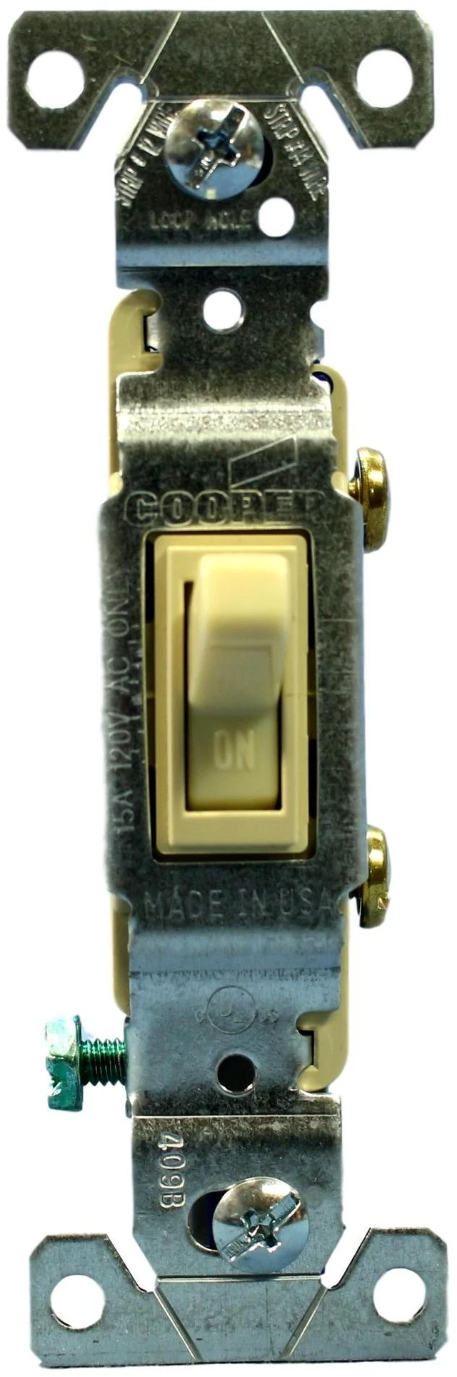Main image of Cooper Wiring Devices C1301-7V Single Pole Toggle Light Switch, 15A 120V, Side Wired, Grounding, Residential Grade, Ivory