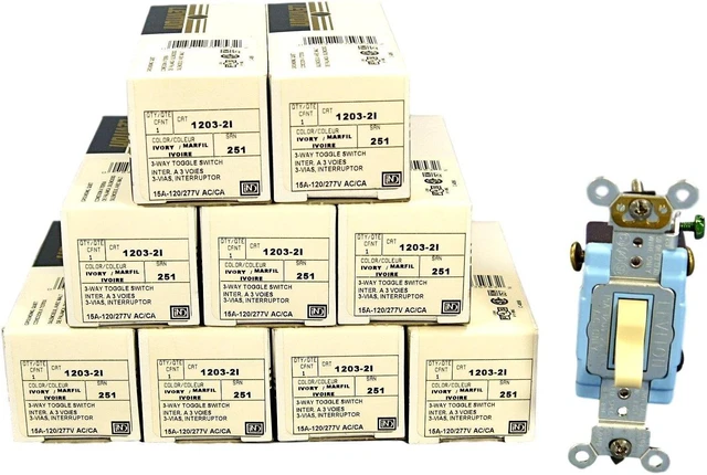 Main image of Leviton 1203-2I Ivory Industrial Grade Three Way Toggle Light Switch 15A (Pack of 10)