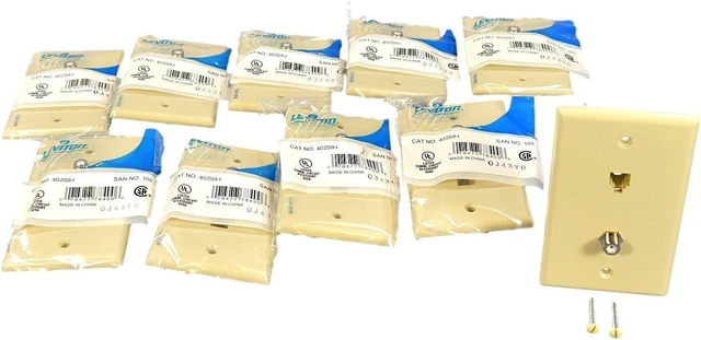 Alt view image 3 of 6 - Leviton 40259-I Ivory Combination Telephone Jack and F-Connector Wall Plate (Pack of 10)