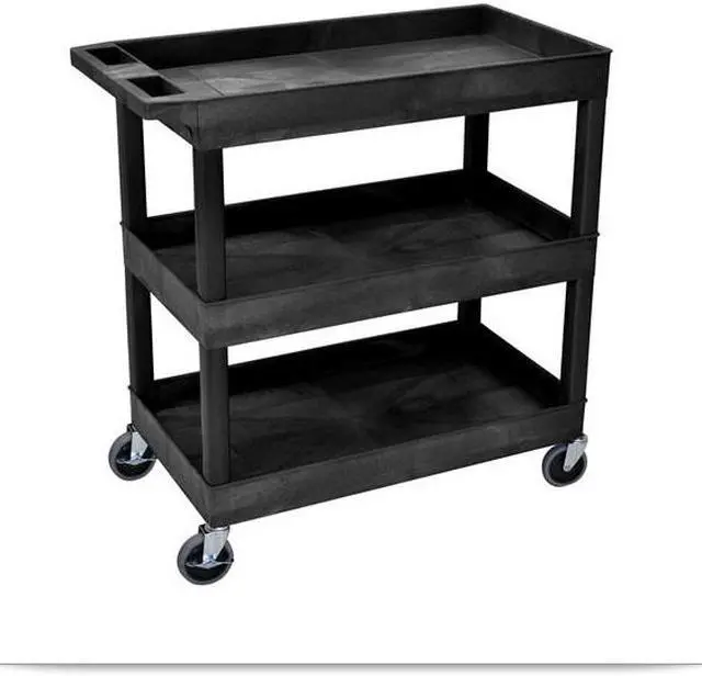 Alt view image 2 of 20 - Luxor Mobile Home Office Kitchen Service Push Handle High Capacity 18"D x 32"W Tub Utility Storage Cart 3 Shelves Black