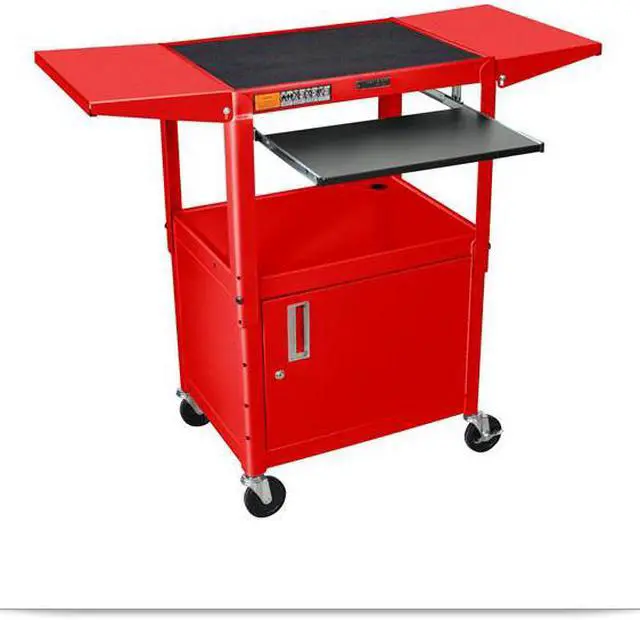 Main image of Red 24W X 18D X 24 42H Steel Adjustable Height AV Cart  with Cabinet and Pullout Tray and Drop Leaf