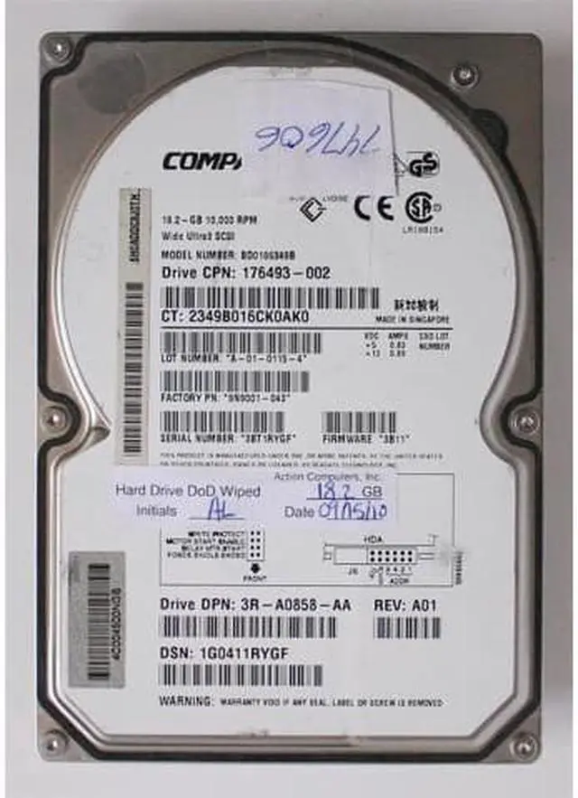 Alt view image 2 of 2 - 18.2GB 10K WU3 SCSI HDD, BD0186349B, 176493-002, 9N9001-043,FW: 3B11, DP/N: 3R-A0858-AA REV.A01