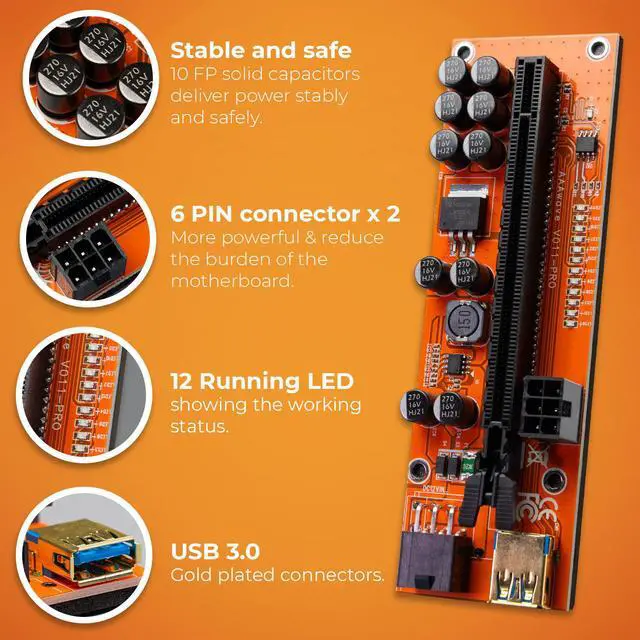 Alt view image 3 of 6 - AAAwave PCIE Riser VER 011 PRO 1x to 16x Graphic Extension for GPU Mining 60cm USB 3.0 Cable, 10 Solid Capacitors, 12 Led Lights, 2x 6PIN and 2 Power Options (Pack Of 1)