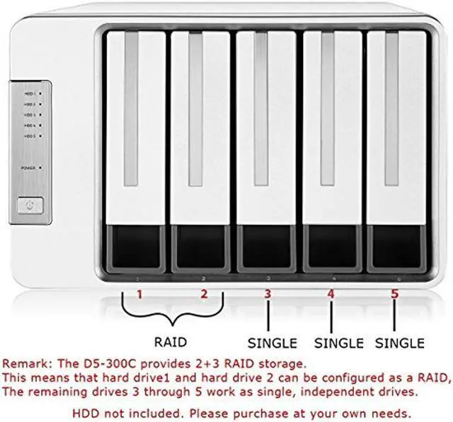 Alt view image 3 of 14 - TerraMaster D5-300C USB3.0(5Gbps) Type C 5-Bay RAID Enclosure Support RAID 0/1/Single Exclusive 2+3 RAID Mode Hard Drive RAID Storage (Diskless)