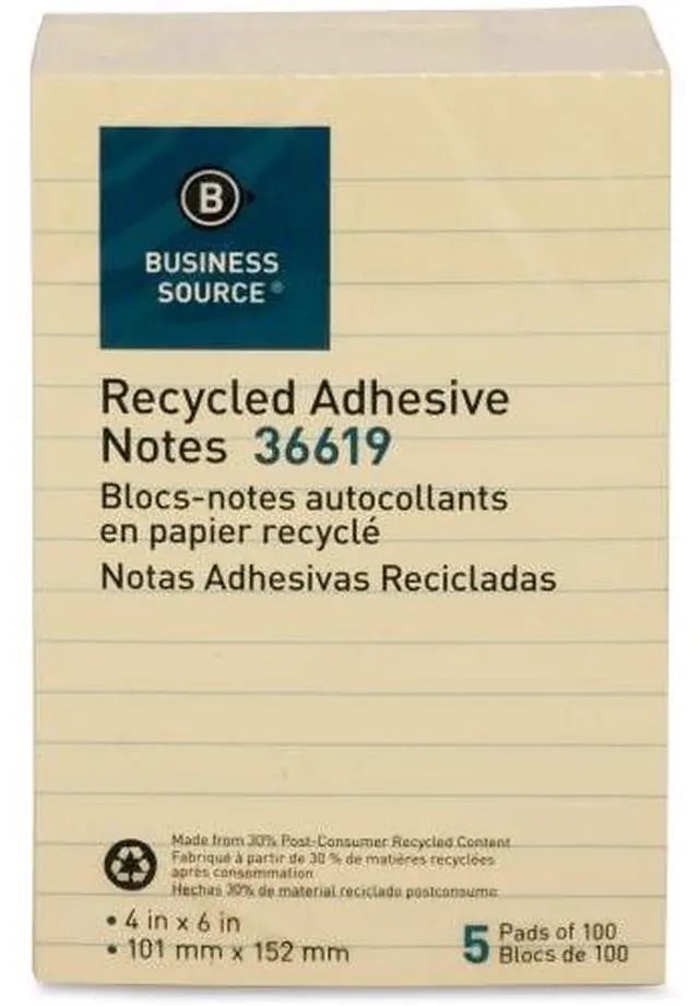 Alt view image 3 of 13 - Business Source Recycled Adhesive Note Pads Lined 4"x6" 5/PK Yellow 36619