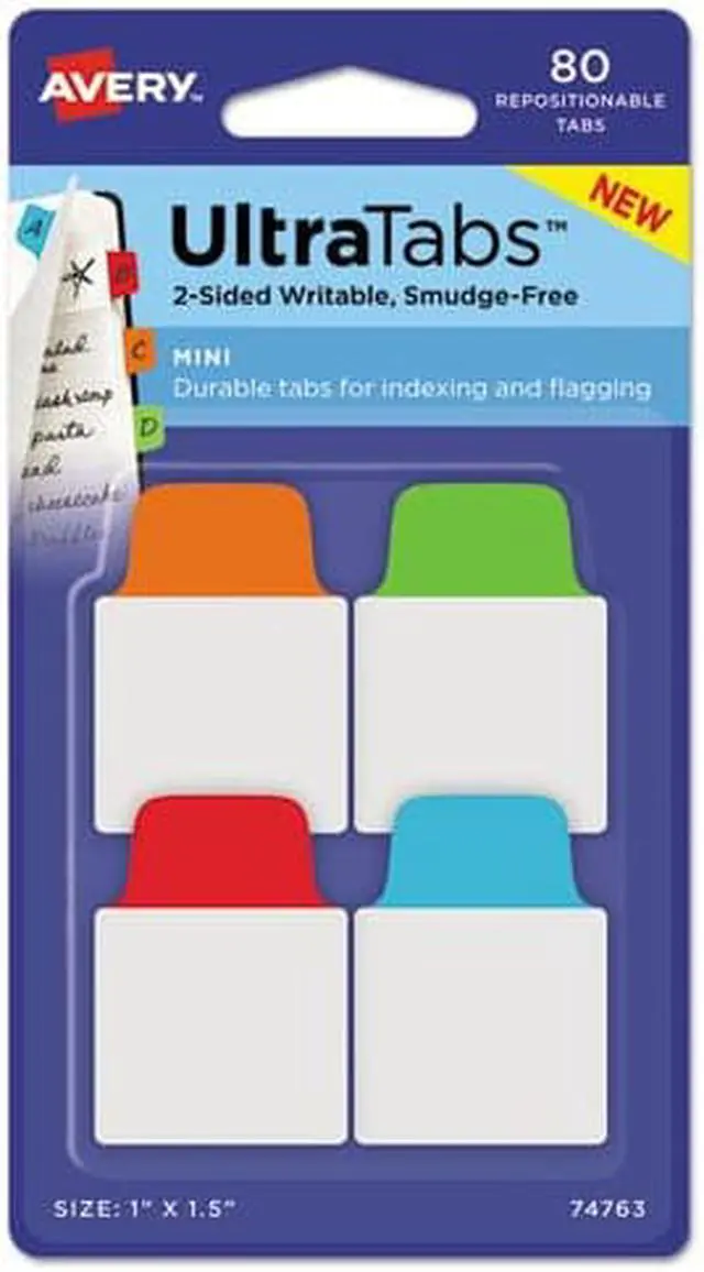 Alt view image 4 of 18 - Avery Mini Ultra Tabs, 1 x 1.5, 2-Side Writable, Red/Blue/Orange, 80 Repositionable Tabs (74763)