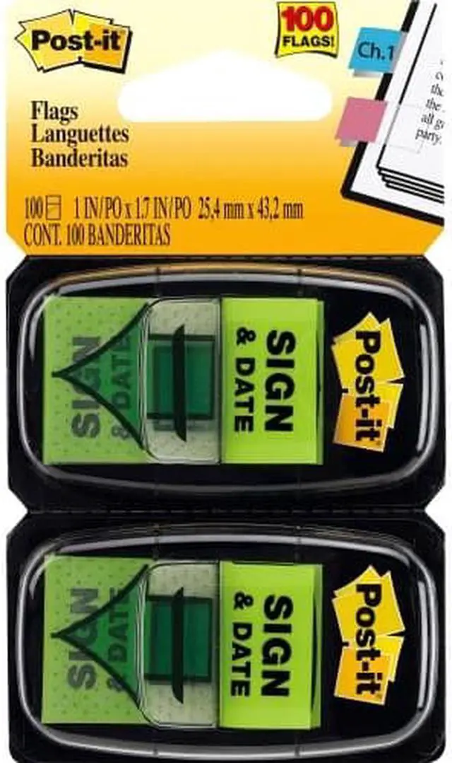 Alt view image 2 of 17 - Post-it Arrow Message 1" Page Flags "Sign and Date" Green 2 50-Flag Dispensers