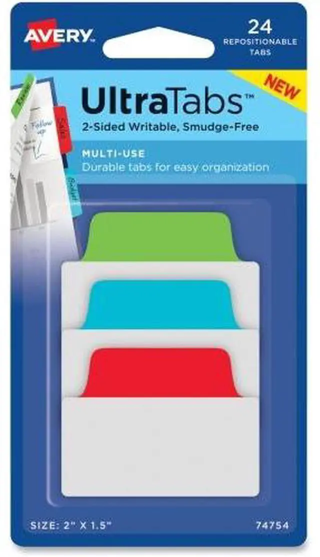 Alt view image 6 of 11 - Avery Ultra Tabs Repositionable Tabs 2 x 1 1/2 Primary: Blue Green Red 24/Pack