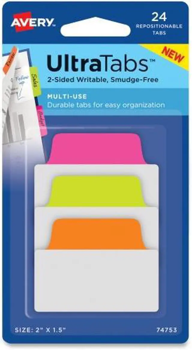 Alt view image 6 of 11 - Avery Ultra Tabs Repositionable Tabs 2 x 1 1/2 Neon: Green Orange Pink 24/Pack