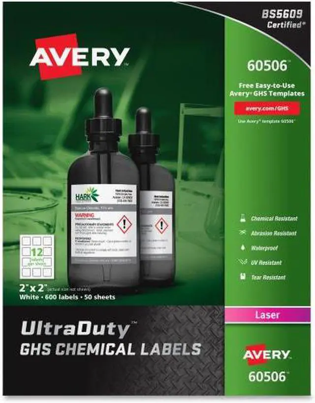 Alt view image 3 of 15 - Avery UltraDuty GHS Chemical Labels for Laser Printers, Waterproof, UV Resistant, 2 x 2, 600 Pack (60506)