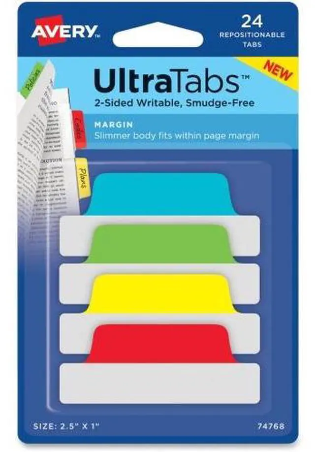 Alt view image 6 of 11 - Avery Ultra Tabs Repositionable Tabs 2.5 x 1 Primary:Green Red Yellow Blue 24/Pk 74768