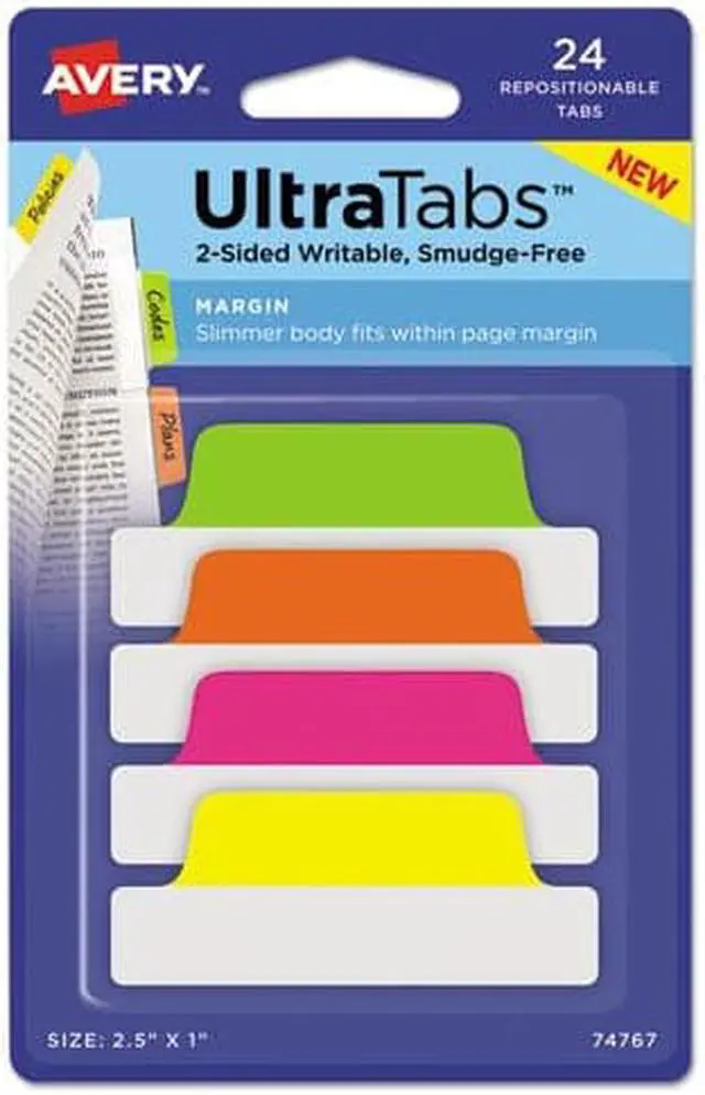 Alt view image 4 of 14 - Avery Ultra Tabs Repositionable Tabs 2.5 x 1 Neon:Green Orange Pink Yellow 24/Pk