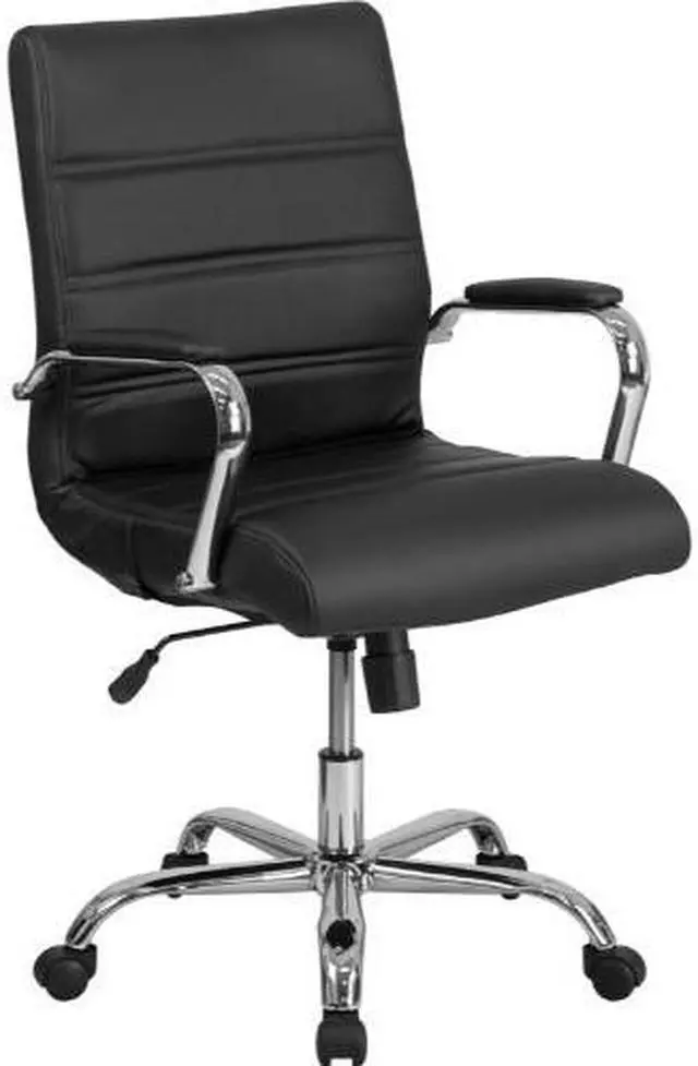 Alt view image 9 of 20 - Mid-Back Black Leather Executive Swivel Chair with Chrome Base and Arms