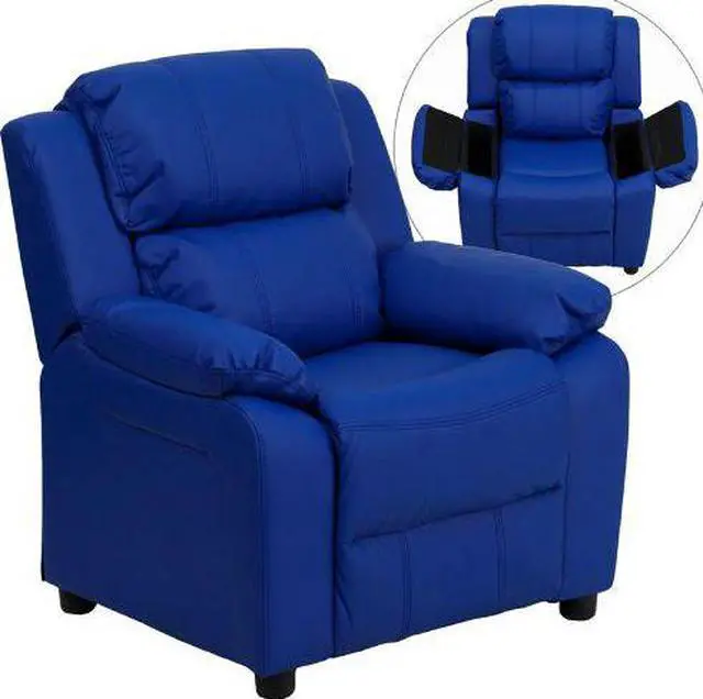 Alt view image 6 of 20 - Deluxe Padded Contemporary Blue Vinyl Kids Recliner with Storage Arms
