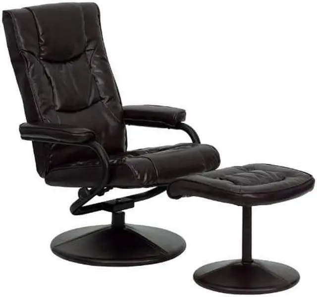 Alt view image 7 of 20 - Contemporary Brown Leather Recliner and Ottoman with Leather Wrapped Base