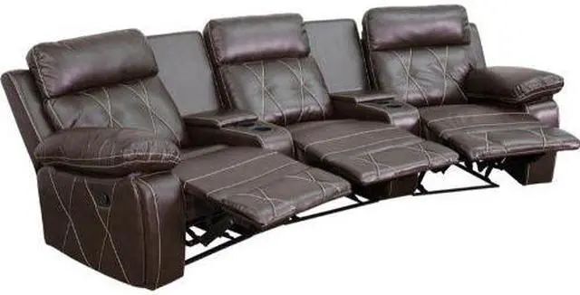 Alt view image 4 of 12 - Reel Comfort Series 3-Seat Reclining Brown LeatherSoft Theater Seating Unit with Curved Cup Holders