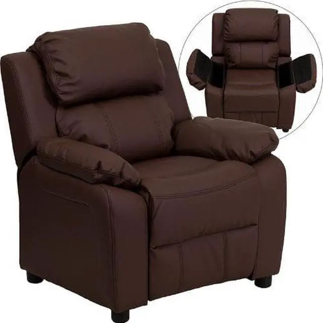 Alt view image 5 of 20 - Flash Furniture BT-7985-KID- BRN-LEA-GG Deluxe Heavily Padded Contemporary Brown Leather Kids Recliner with Storage Arms