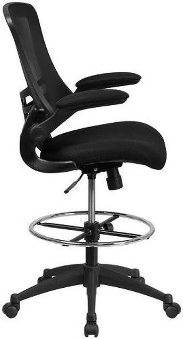 Alt view image 8 of 20 - Mid-Back Black Mesh Ergonomic Drafting Chair with Adjustable Foot Ring and Flip-Up Arms