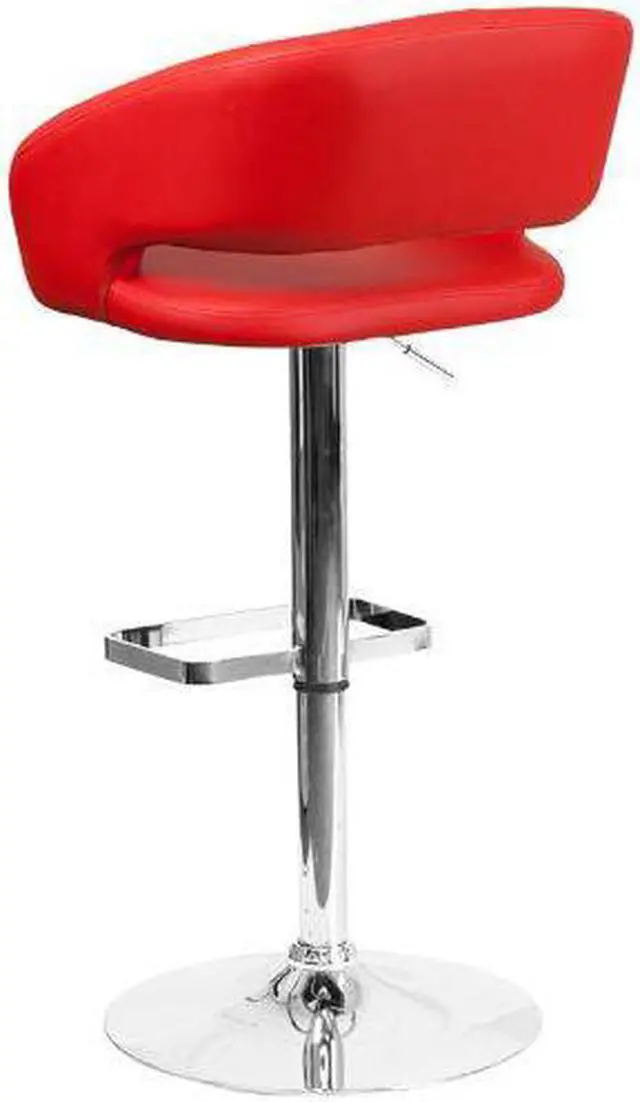 Alt view image 4 of 20 - Contemporary Red Vinyl Adjustable Height Barstool with Rounded Mid-Back and Chrome Base