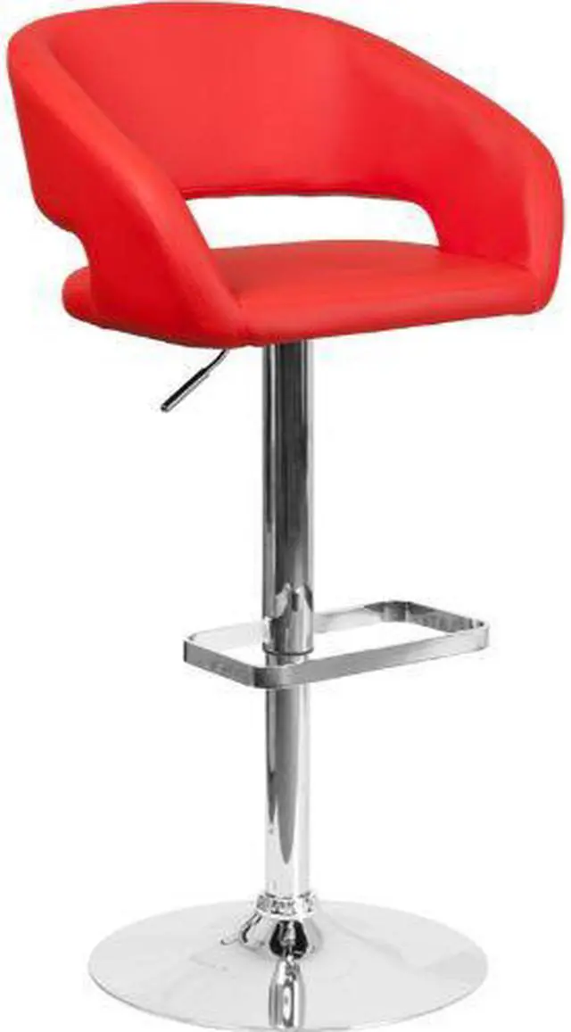 Alt view image 2 of 20 - Contemporary Red Vinyl Adjustable Height Barstool with Rounded Mid-Back and Chrome Base