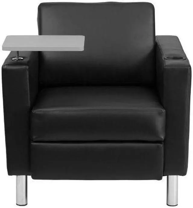 Alt view image 7 of 20 - Black Leather Guest Chair with Tablet Arm, Tall Chrome Legs and Cup Holder