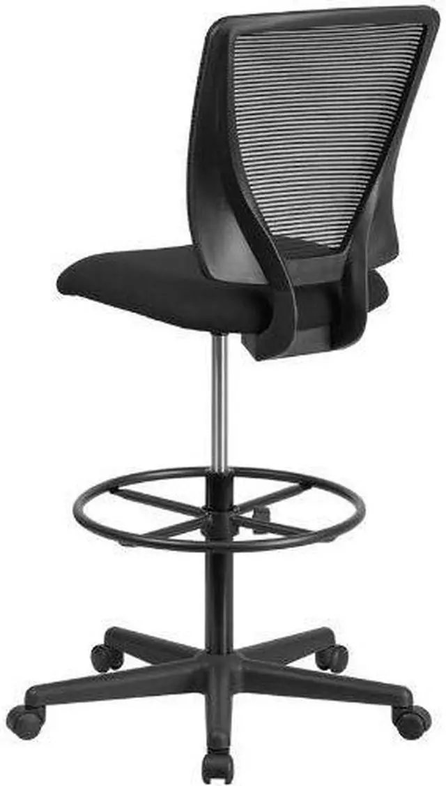 Alt view image 12 of 20 - Ergonomic Mid-Back Mesh Drafting Chair with Black Fabric Seat and Adjustable Foot Ring