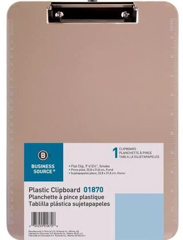 Main image of Business Source Flat Clip Plastic Clipboard - 9" x 12" - Low-profile - Plastic - Smoke - 6 / Bundle  BSN01870BD