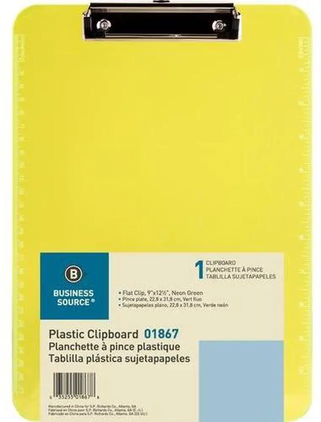 Main image of Business Source Flat Clip Plastic Clipboard - 9" x 12" - Low-profile - Plastic - Neon Green - 6 / Bundle  BSN01867BD
