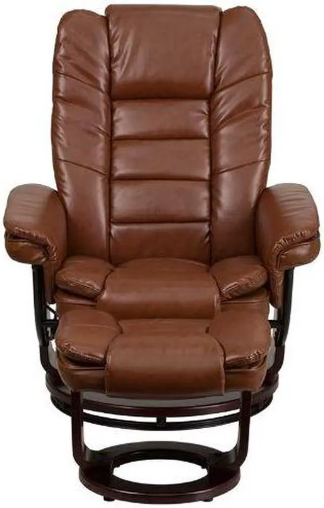 Alt view image 2 of 10 - Contemporary Multi-Position Recliner with Horizontal Stitching and Ottoman with Swivel Mahogany Wood Base in Brown Vintage Leather
